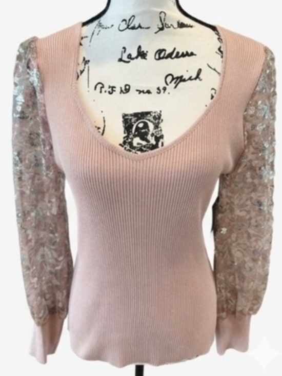 Absolutely Famous Sweaters - Absolutely Famous Blush Pink V-Neck Sweater with Sheer Floral Sleeves